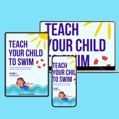 Ebook mockup of ‘Teach Your Child to Swim Volume 2’ by Amanda Girton, displayed on tablet, smartphone, and laptop screens with bright sun and lifebuoy design elements.
